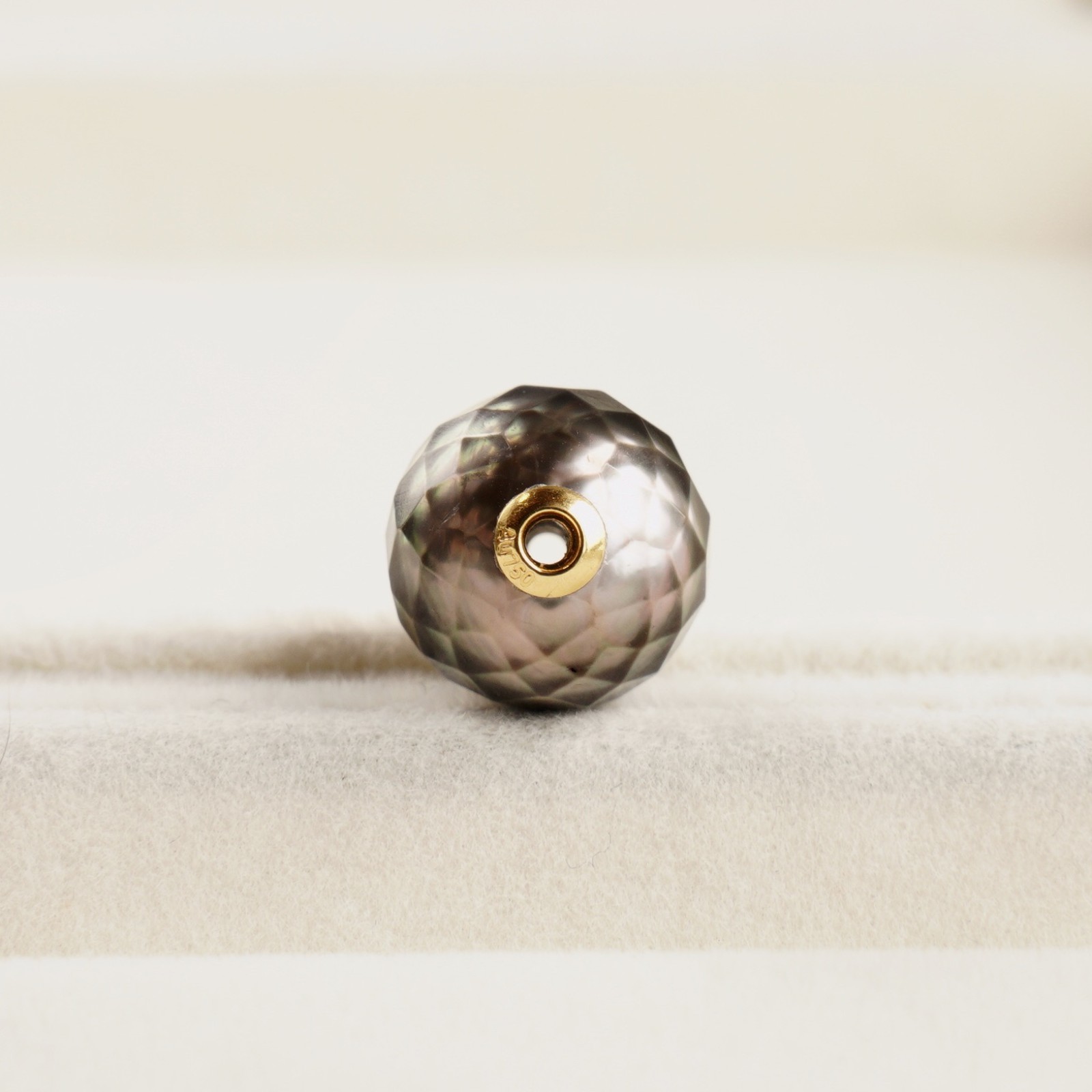 Faceted 10.8mm Round Gray Tahitian Loose Pearl, Full Drilled, 18Kt Yellow Gold