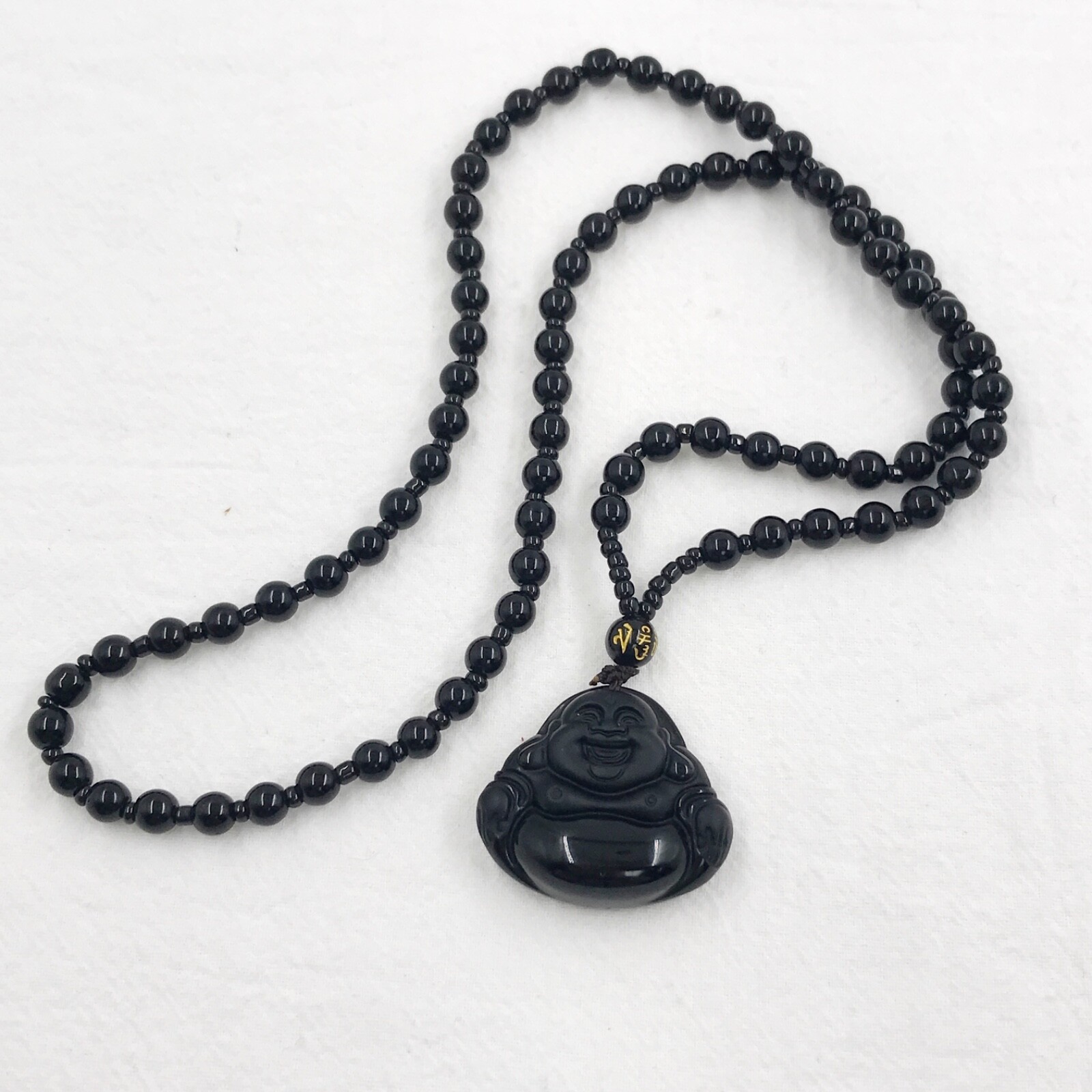 Natural obsidian laugh buddha Amulet crystal necklace with adjustable bead chain
