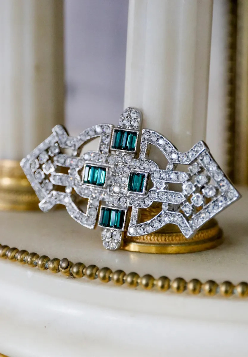 Kenneth Jane Lane Rhodium Plated Art Deco Emerald Crystal Pin