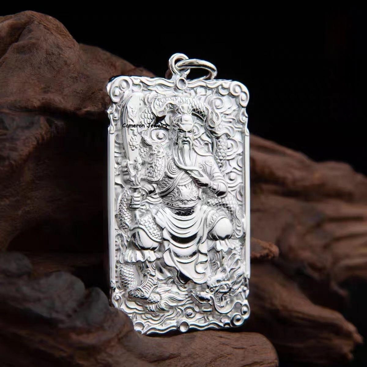 Pure 999 Fine Silver Filigree Guan Yu Dragon Oblong Amulet Pendant 29-30g