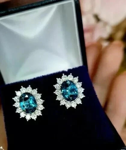 2.30Ct Oval Cut London Blue Topaz Halo Women’s Stud Earrings 14k White Gold Over