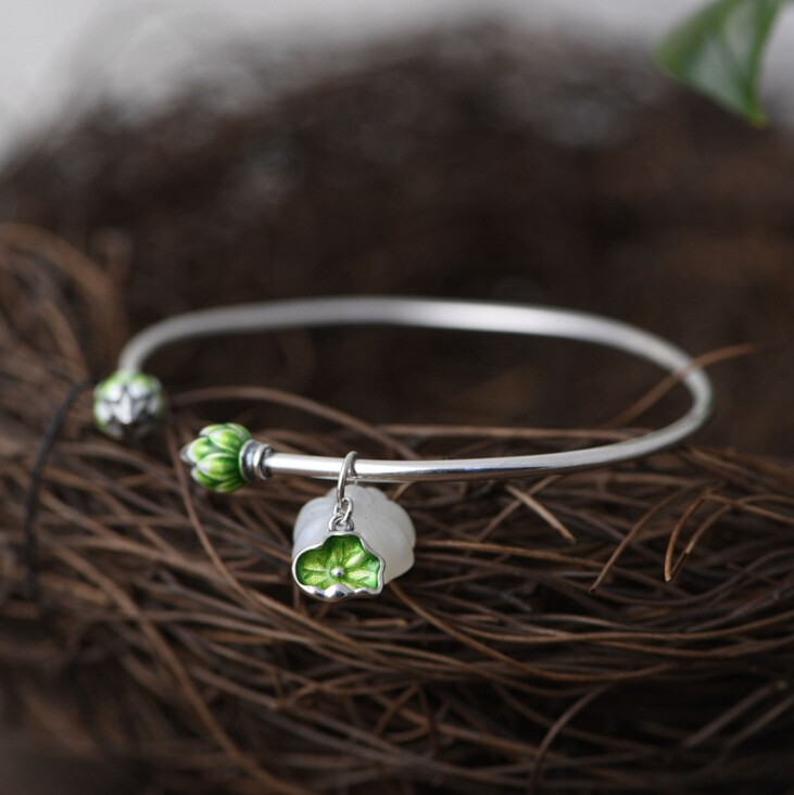 I05 Bangle Lotus Flower Leaf Bud Bright Jade Silver 925