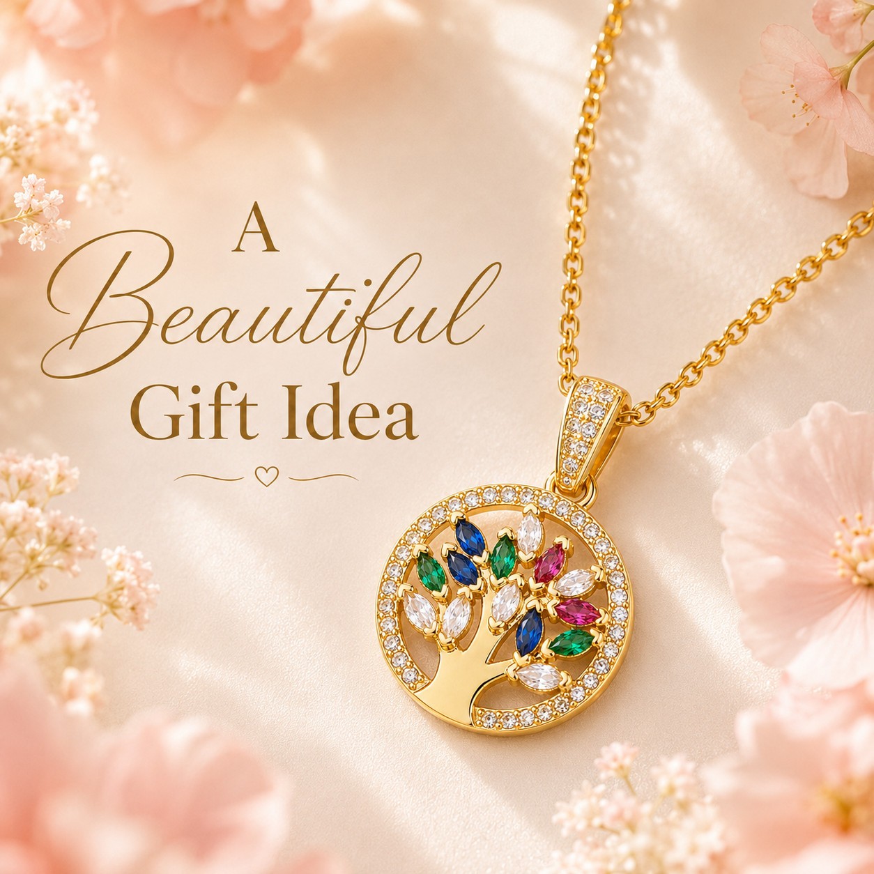 Tree of Life Necklace Women Gold Tone Stainless Steel Pendant Colorful Stones