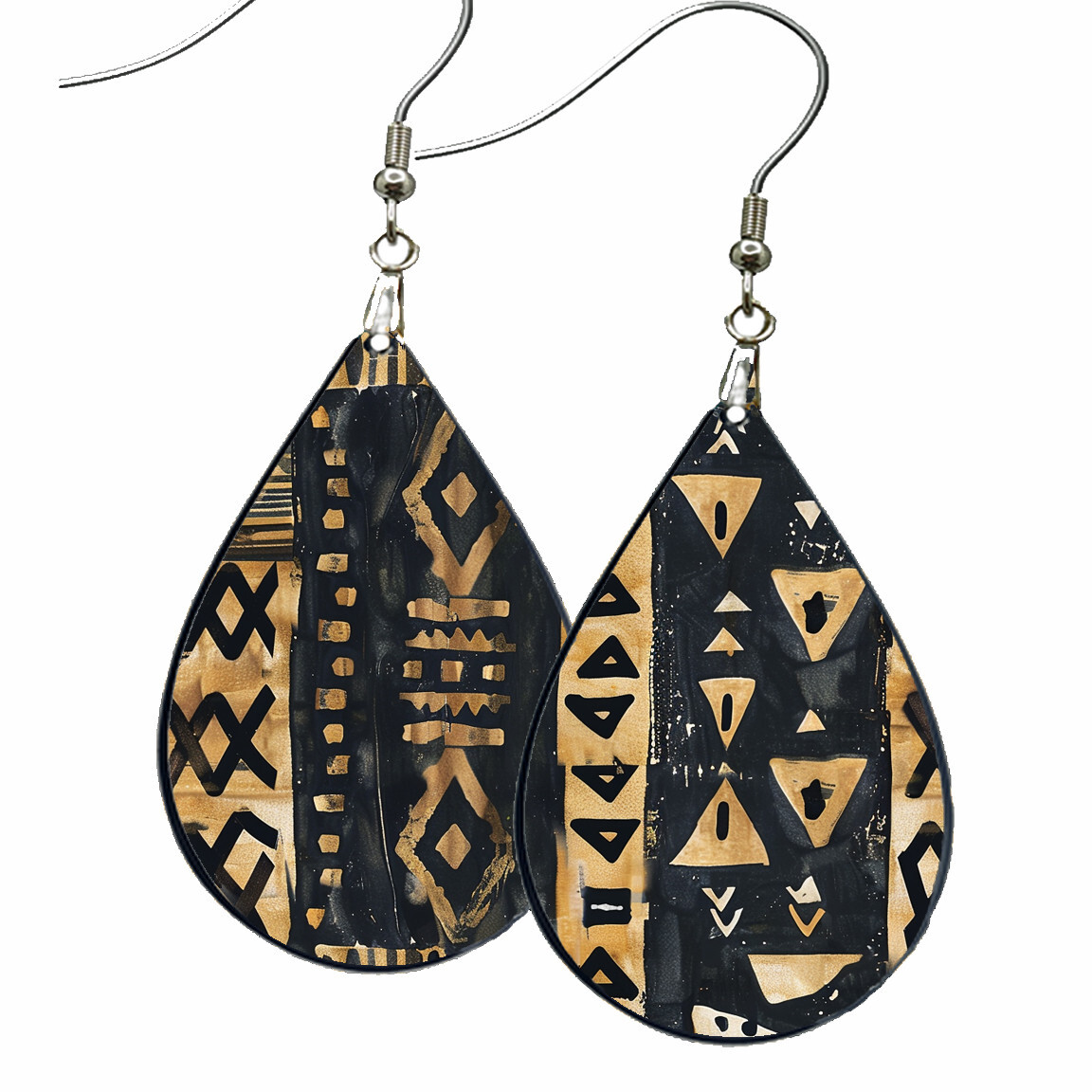 Unique African Mud Cloth Print Earrings Teardrop NO TARNISH Wood Tribal Pattern