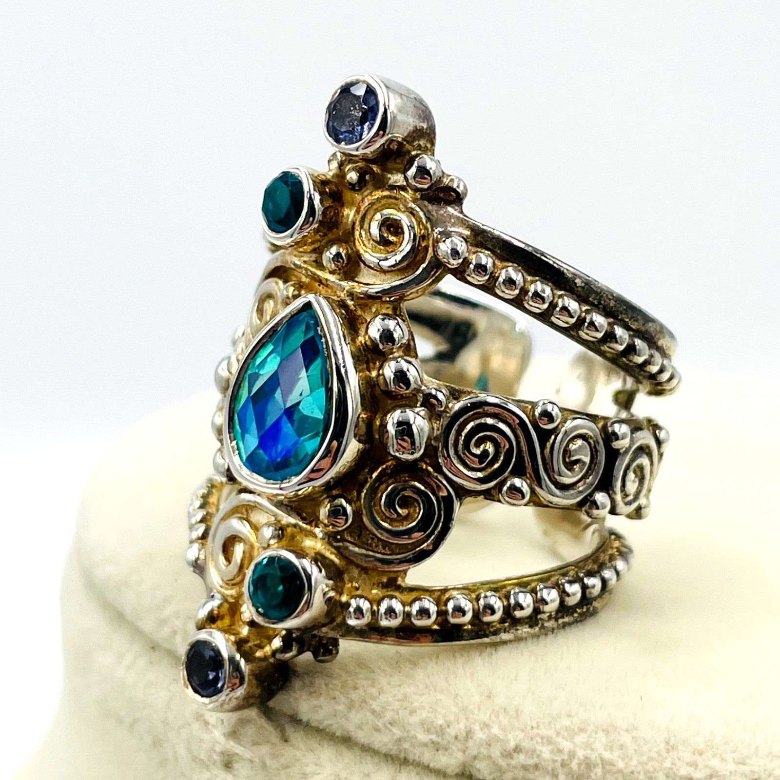 Sajen Mystic Fire Quartz Multi Gemstone 925 STS Adjustable Ring Sz 9 Boho Hippie
