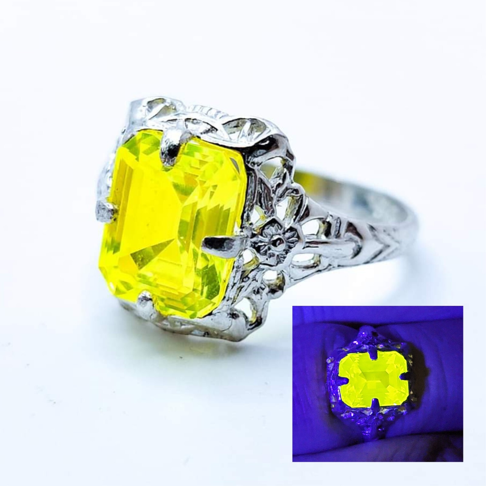 Sterling YAG Ring UV Yellow Yttrium Aluminum Garnet Emerald Cut Floral Filigree