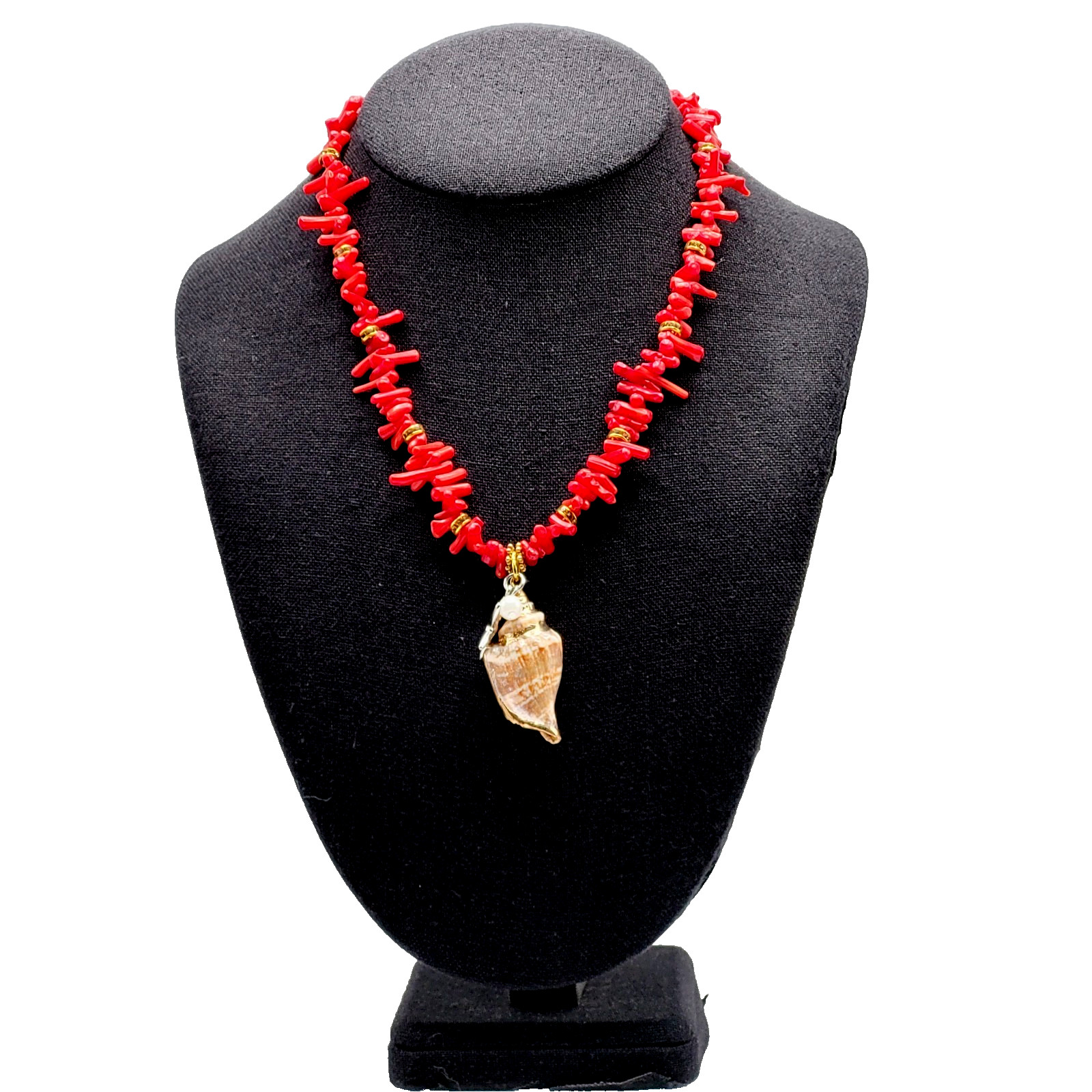 Vintage SW Artisan Red Branch Coral w Shell Pendant Gold Tone Cones Necklace