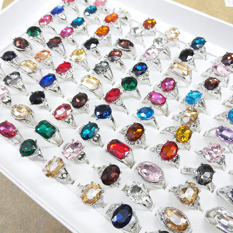 100Pcs Wholesale Colorful Crystal Mixed Rings Bulk Finger Band Ring Jewelry Lot