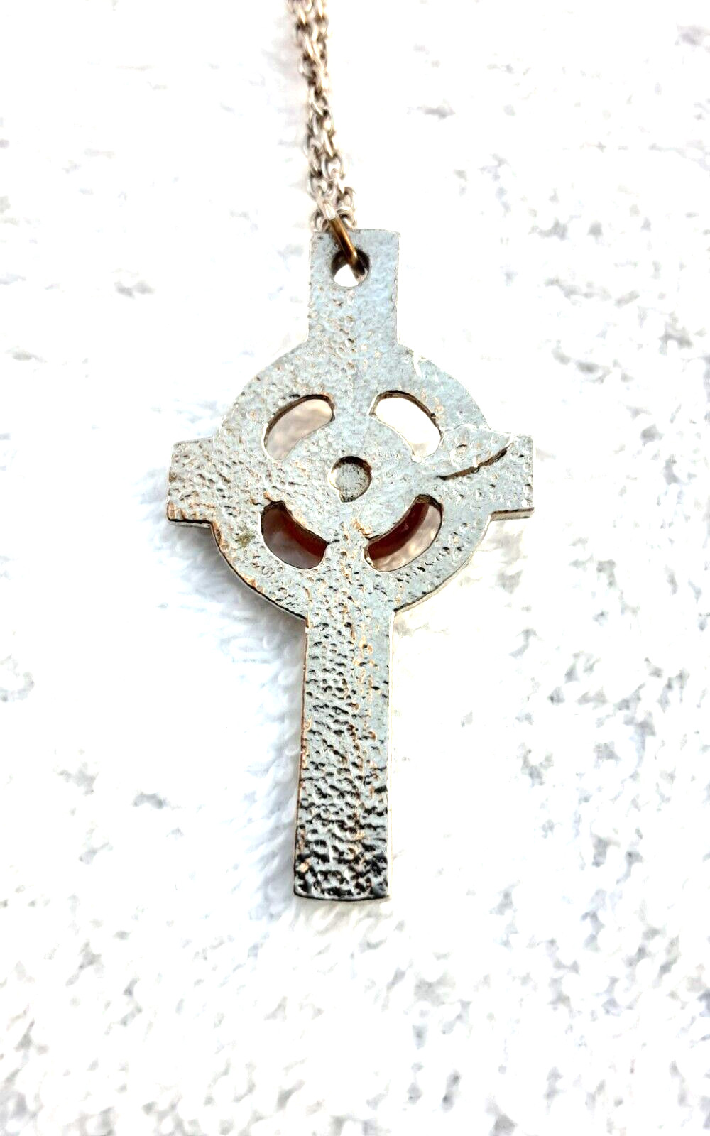 Vintage Pewter Celtic Cross Pendant Necklace Citrine blood orange Glass Stone