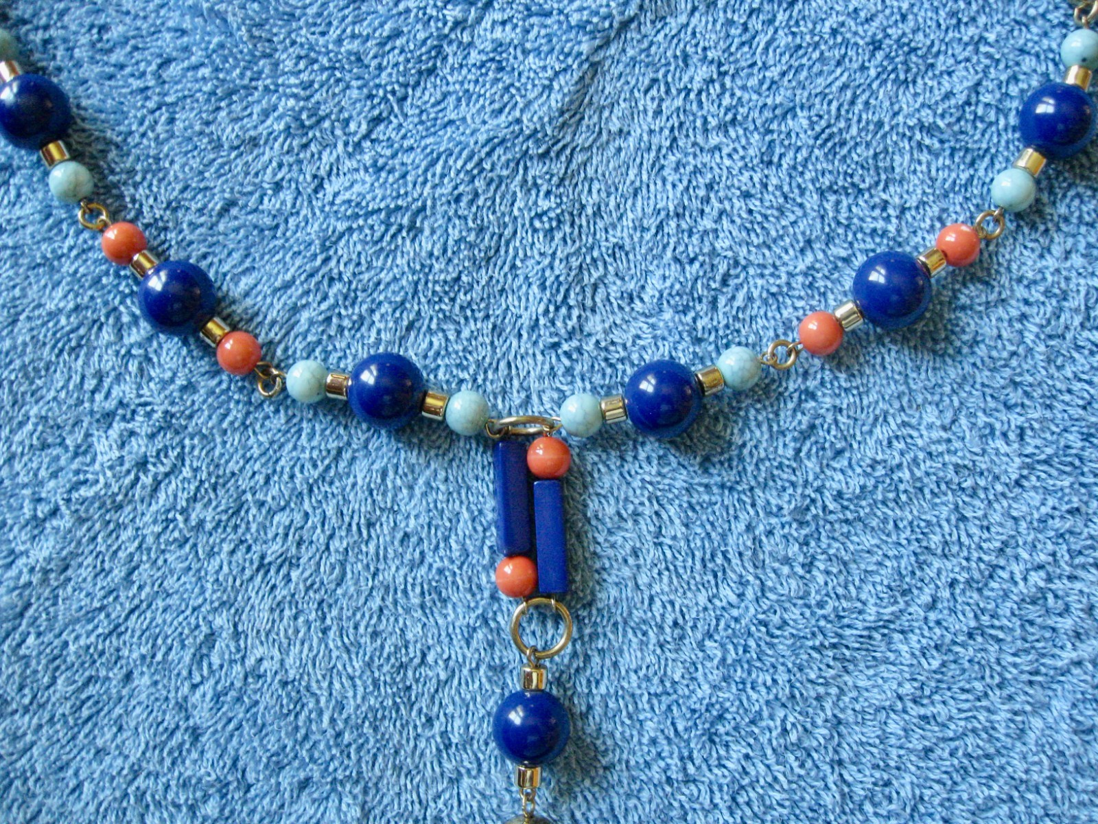 Chain & Beaded Orange & Blues Necklace “T” Logo 19″ Drop w/Metal Tassel Lobster
