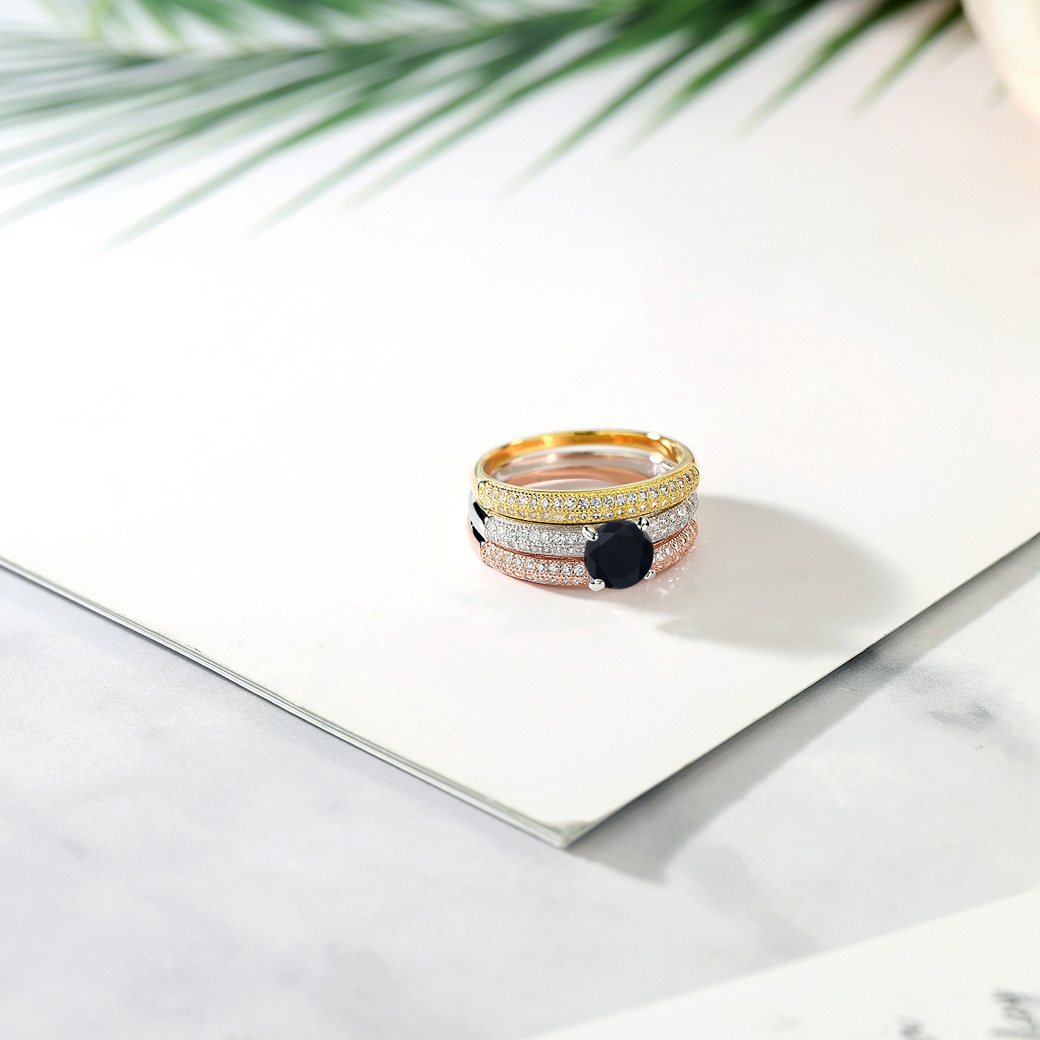 2.24 Ct Round Black Onyx 925 Sterling Silver Set of 3 Stacking Ring