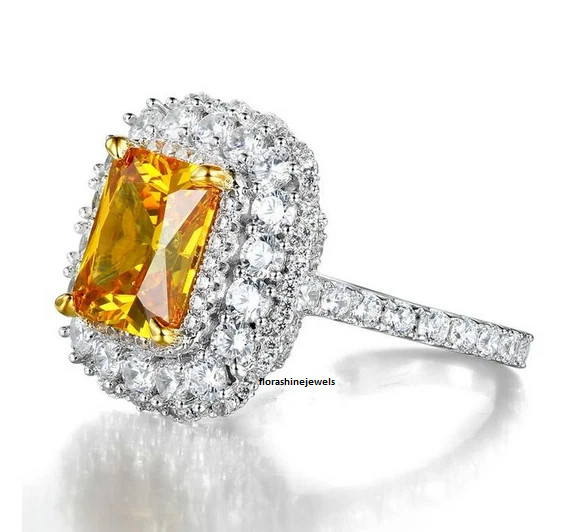 7.36CT Orange Yellow Citrine With Clear White CZ Fabulous 925 Silver Party Ring