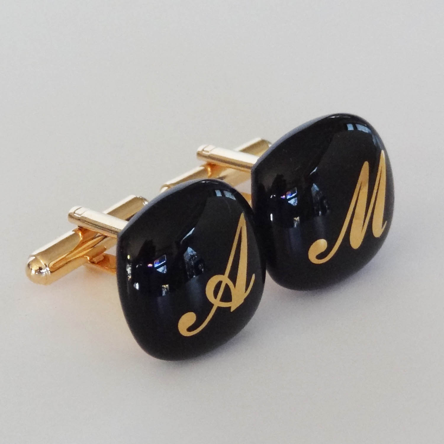 Personalized Monogram Cufflinks – Gold initials on black glass