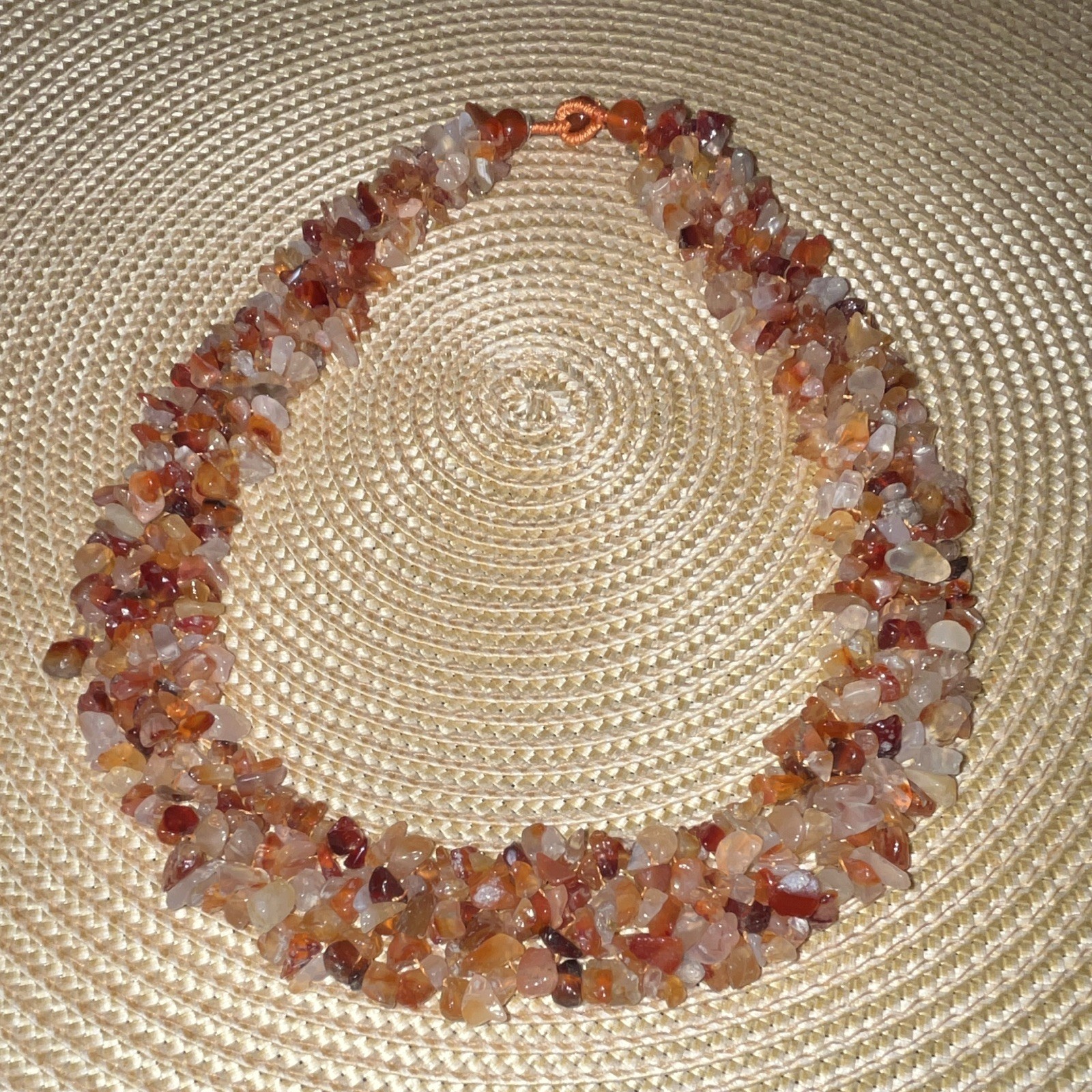 Pink Carnelian Stone Weave Bead Necklace- Beaded Ball/Loop clasp