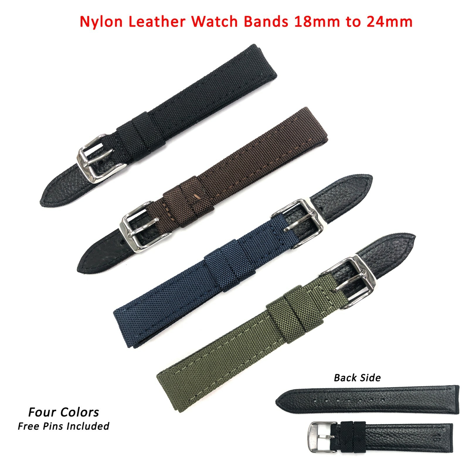 Nylon Leather Watch Band Flat 18mm to 24mm