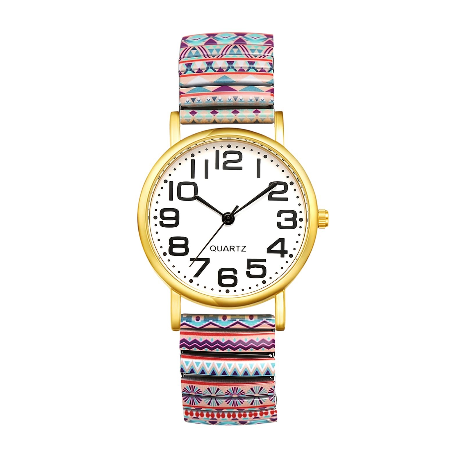 Summer Boho Stailess Steel Strap Floral Print Elastic Wrist Watch Easy Reader