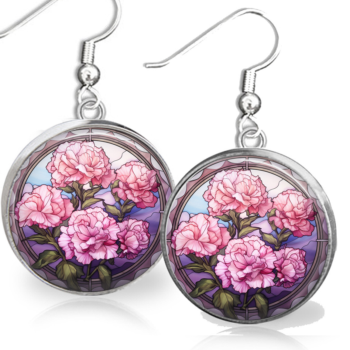 Blooming Carnations Earrings Faux Stained Glass Art January Birth Month Flower