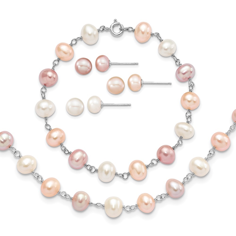 Sterling Silver Rhodium-plated 6-7mm White, Pink and Purple Semi-Round