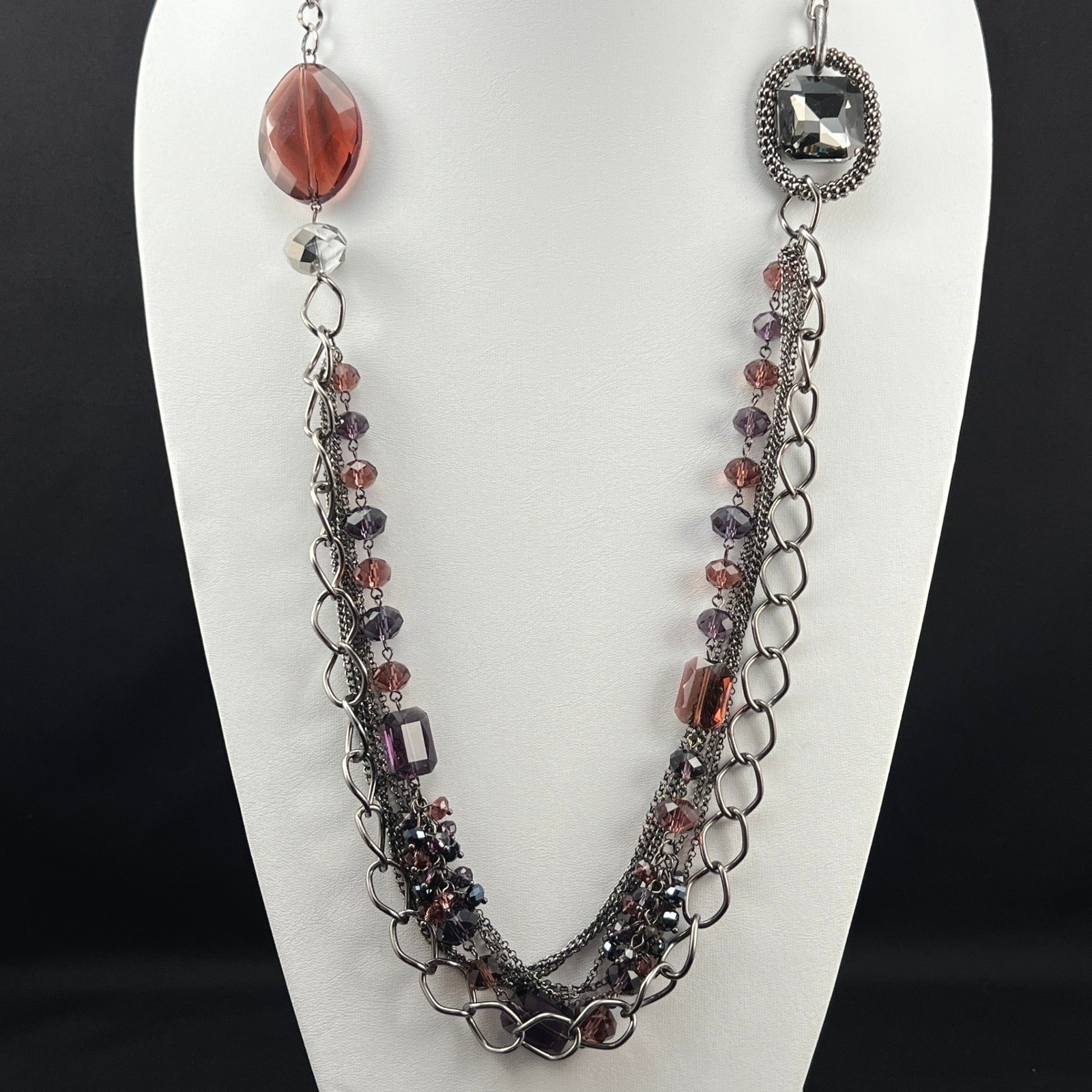 Long Layered Necklace Multi Strand Gunmetal Purple Grey Statement 34″