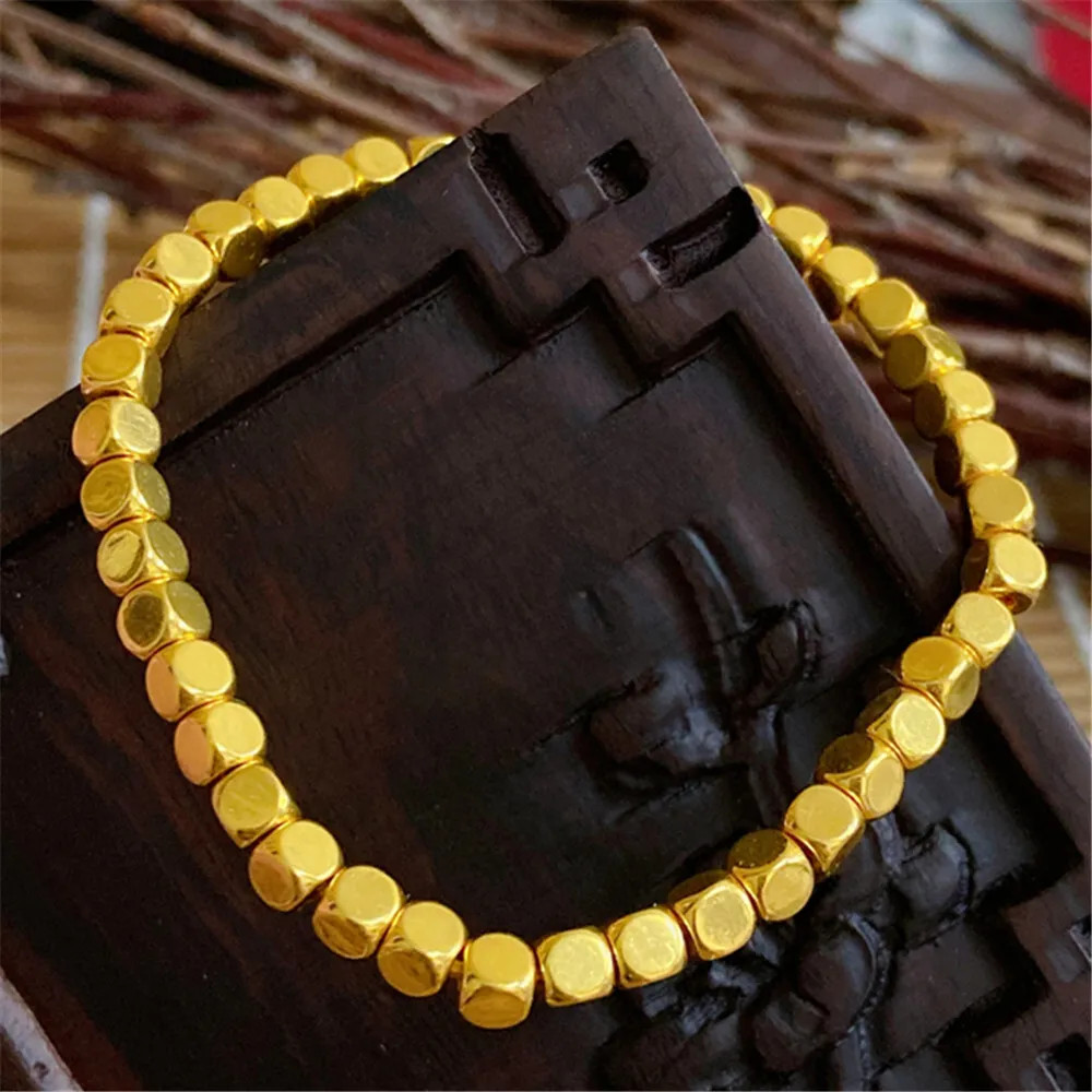 Pure 999 24K Yellow Gold Men Women Lucky 3D 4mm Square Beads Bracelet