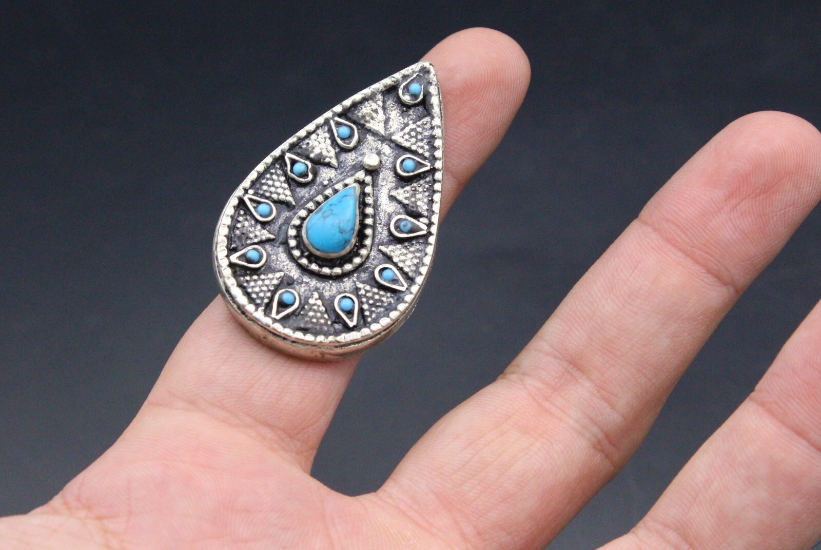 Kazakh Traditional Alpaka Ring, Turquoise Stone Ring, Oval Hand Crafted Ring 9US