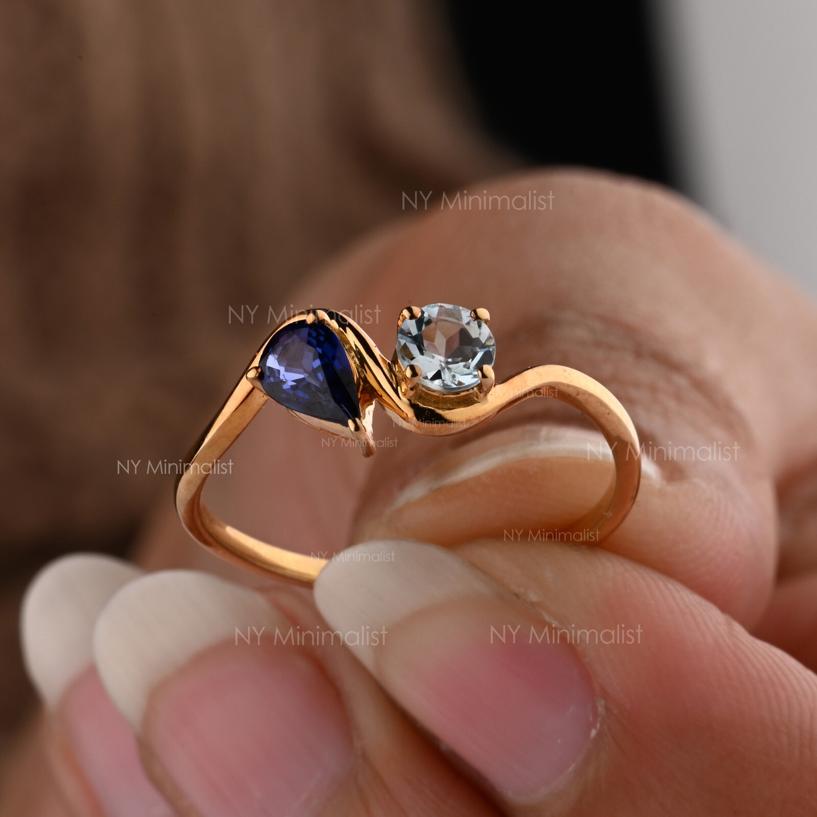 Natural Diffused Pear Blue Sapphire & Round Aquamarine 14K Gold Wave Band Ring
