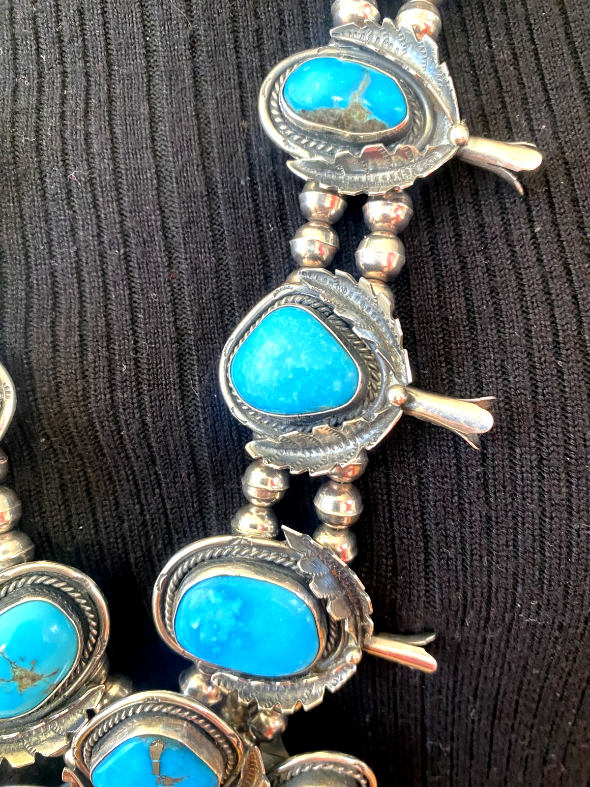 Turquoise Squash Blossom Necklace Vintage Sterling 275g