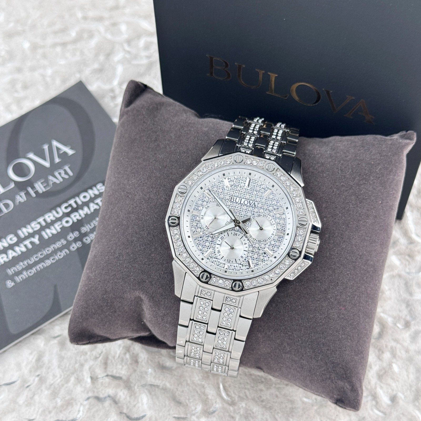 Bulova Octava Silver Pave Crystal Men’s Quartz Chronograph Watch 96C134