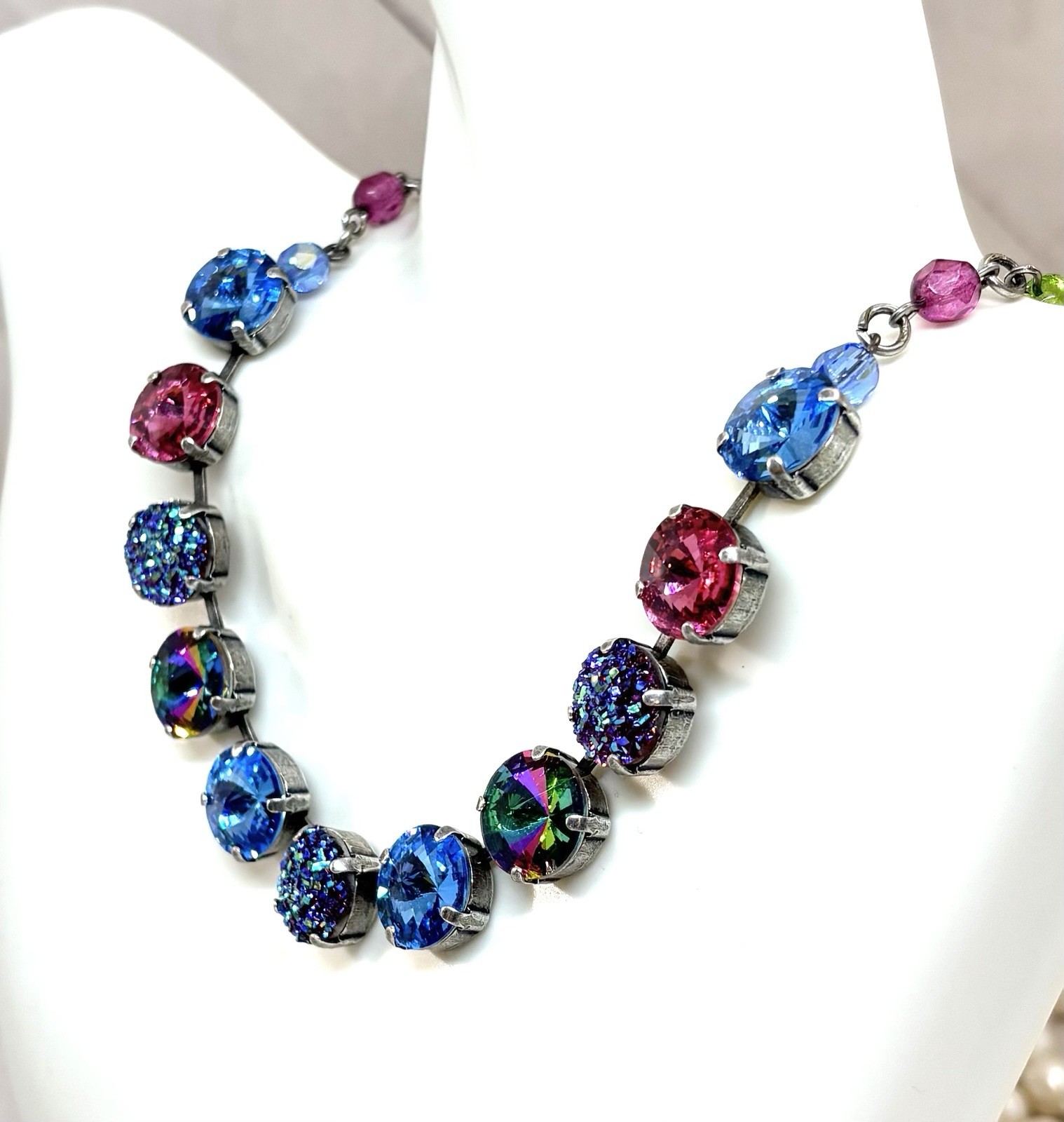 12mm Antique Silver Plated Ice Blue And Pink Druzy Cup Chain Statement Necklace