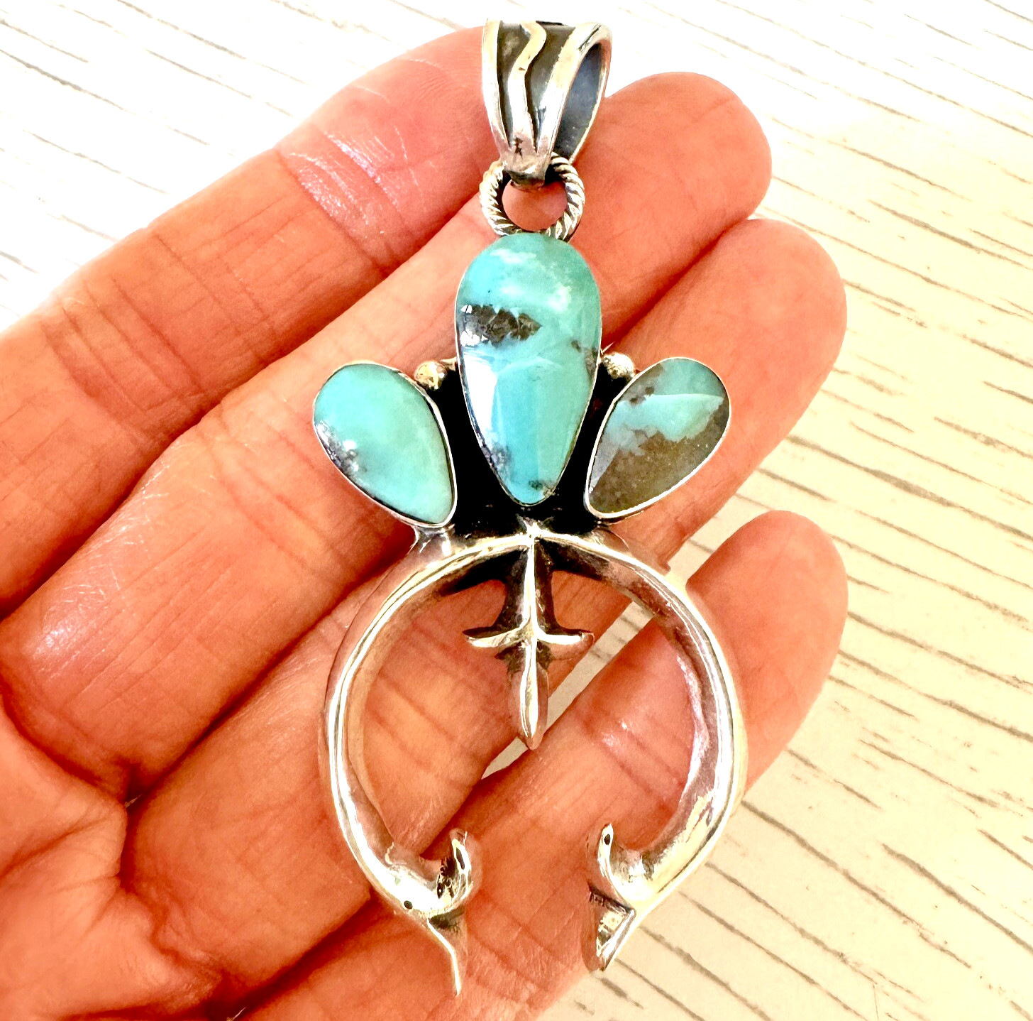 Navajo Naja Pendant Turquoise 2.75in Squash Blossom Sterling Irving Tsosie Crown