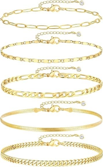 Bracelets for Women, 14k Gold Plated Waterproof Cuban Link Chain Anklets Set, L
