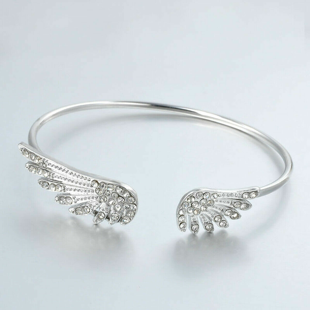 Elegant 925 Sterling Silver Angel Wings White Topaz Fashion Bracelet Bangle Cuff
