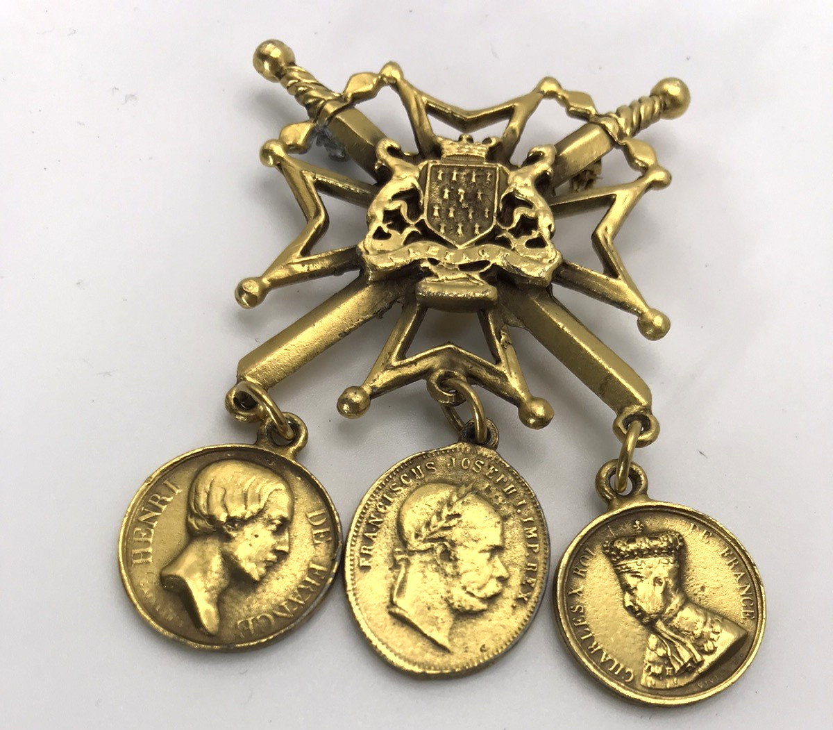 Vintage Coat of Arms With Crossing Swords Crest Coins Brooch Pin Viribus Unitis