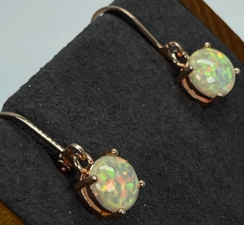 Earrings. Rose Gold Tone White Multicolor Reflective Opal Leverback w/1″ Drop