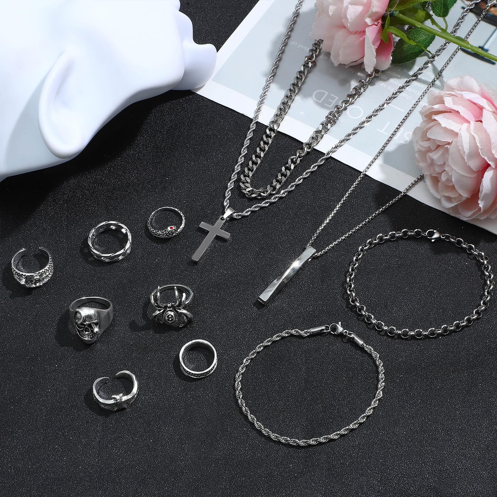 NEWITIN 15 Pieces Silver Jewelry Set for Men Adjustable,