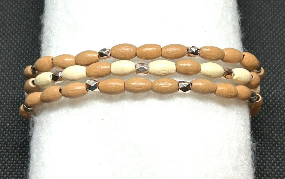Tan & Ivory with rose gold accents Bamboo Wooden Beaded Bracelet Set Size M