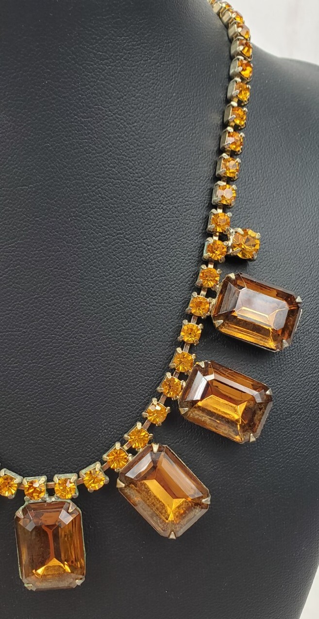 Vintage Champagne Faux Citrine Bling Necklace and Bracelet Gold Tone