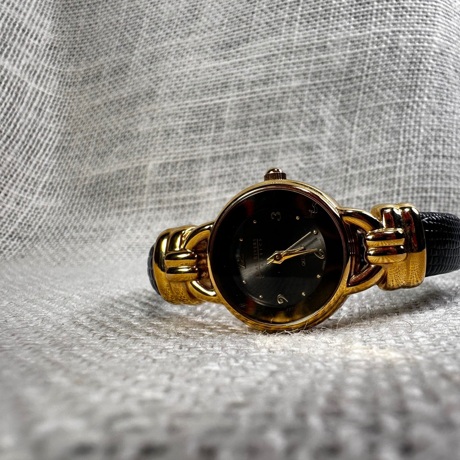 Joan Rivers Classics Womens Gold Tone Black Lizard Embossed Cuff Watch V377