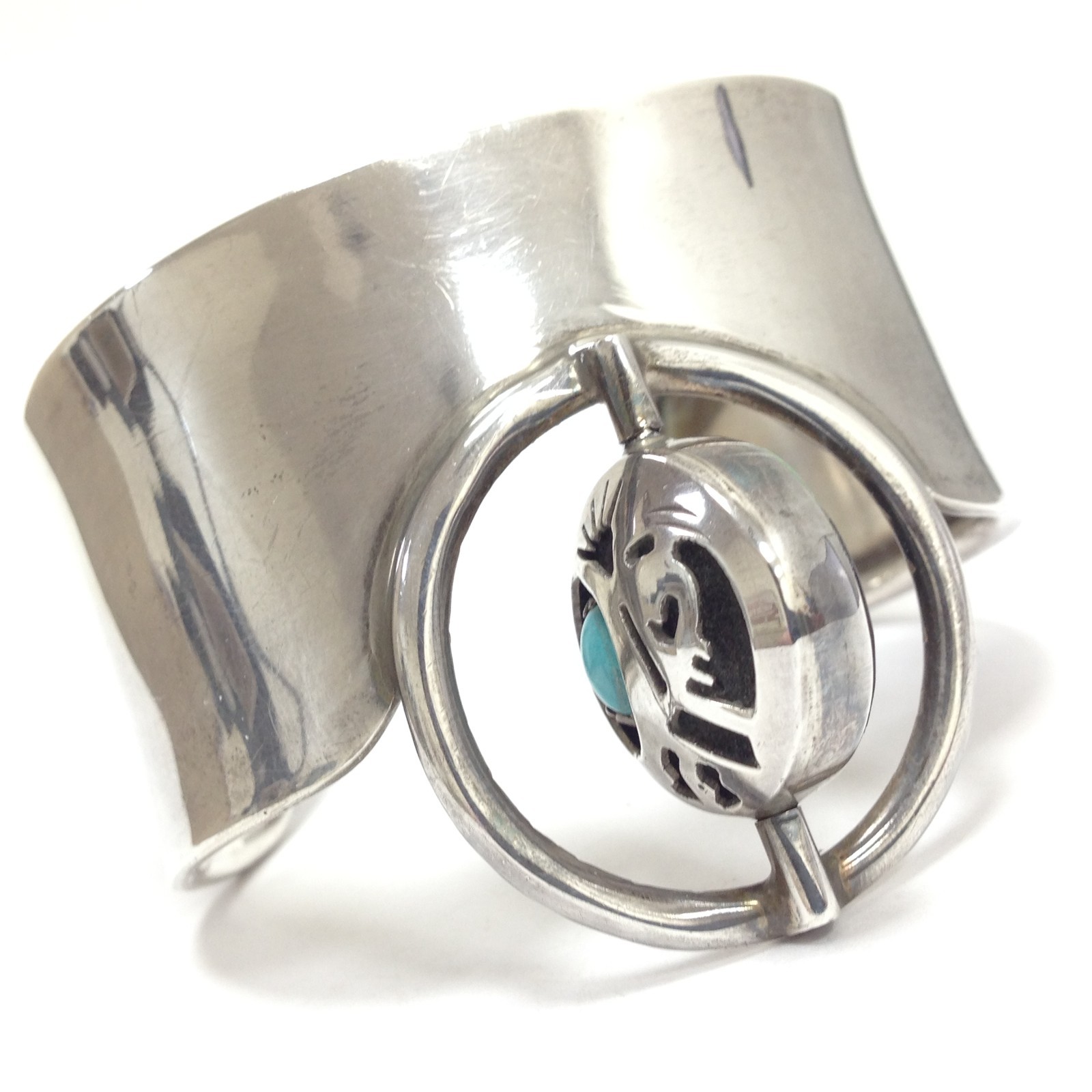 F.J. Henry Signed Storyteller Multi Stone Inlay & Kokopelli Spinner Wide Cuff