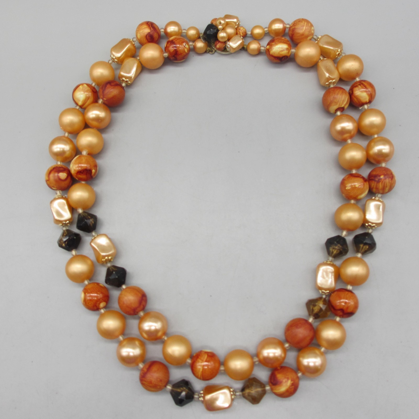 Vintage Hong Kong Necklace MCM Beaded Orange Brown Double Strand 19 Inch
