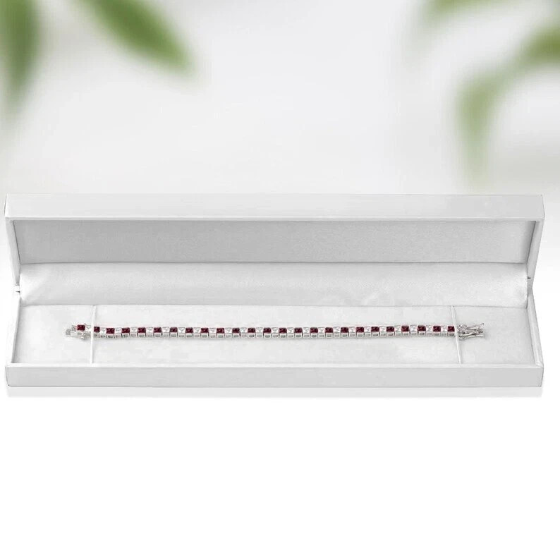 15 Ctw Created Princess Cut Red Garnet & Diamond Tennis Bracelet 14K Gold Plated