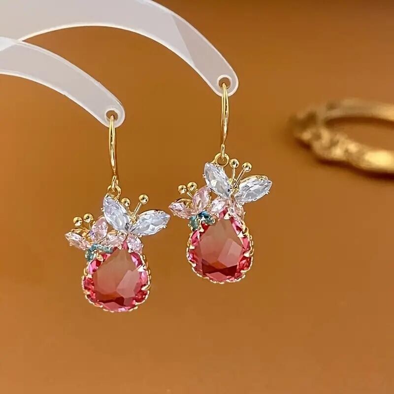 Fashion Women Pink Butterfly Water Drop Pendant Earrings Jewelry Party Gift New