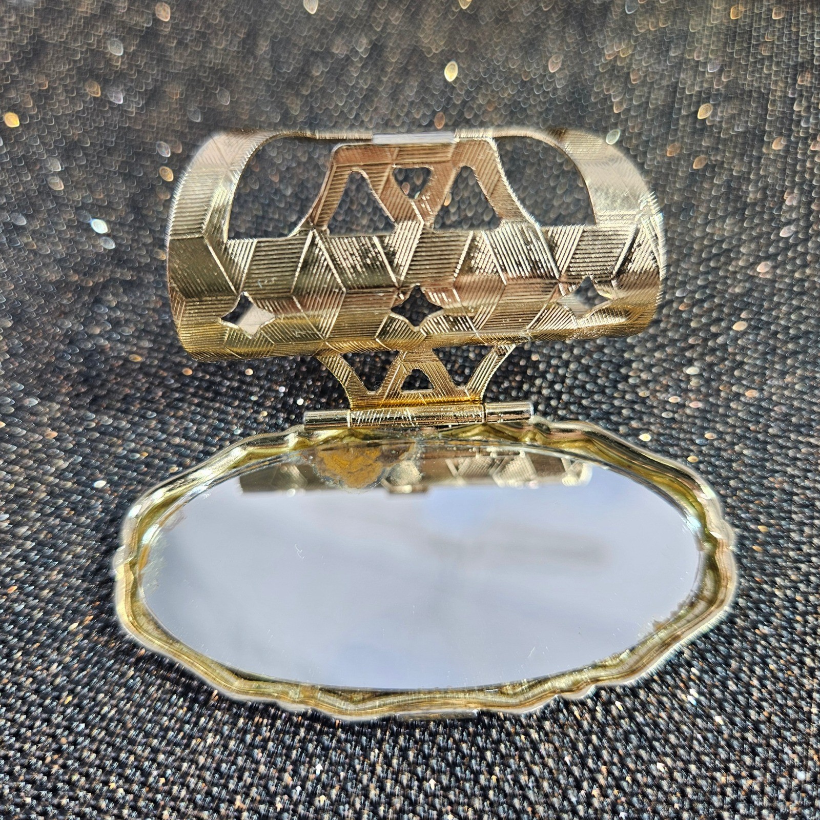 Vintage Lipstick Holder Flip Compact Mirror Handpainted Floral Gold Tone Black