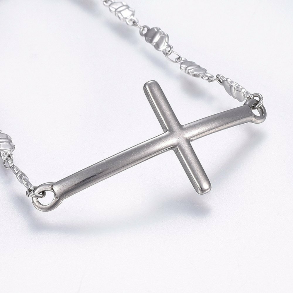 Stainless Steel Link Bracelet Lobster Cross Bowknot Silver Color 7.8″ 3.5mm A76