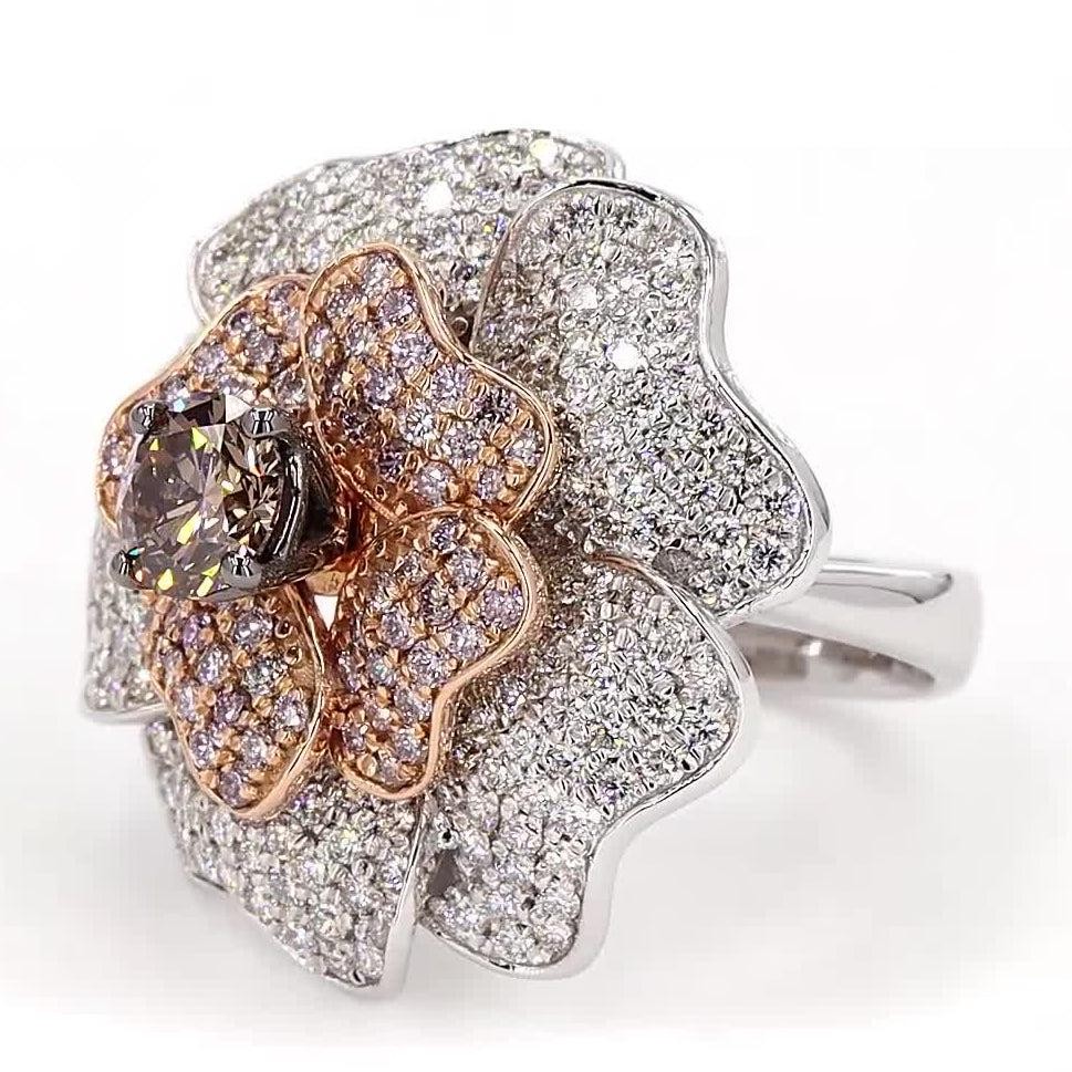 0.90 ct Natural Brown Diamond Floral Bloom Band Ring 18k Solid Gold Pave Floral