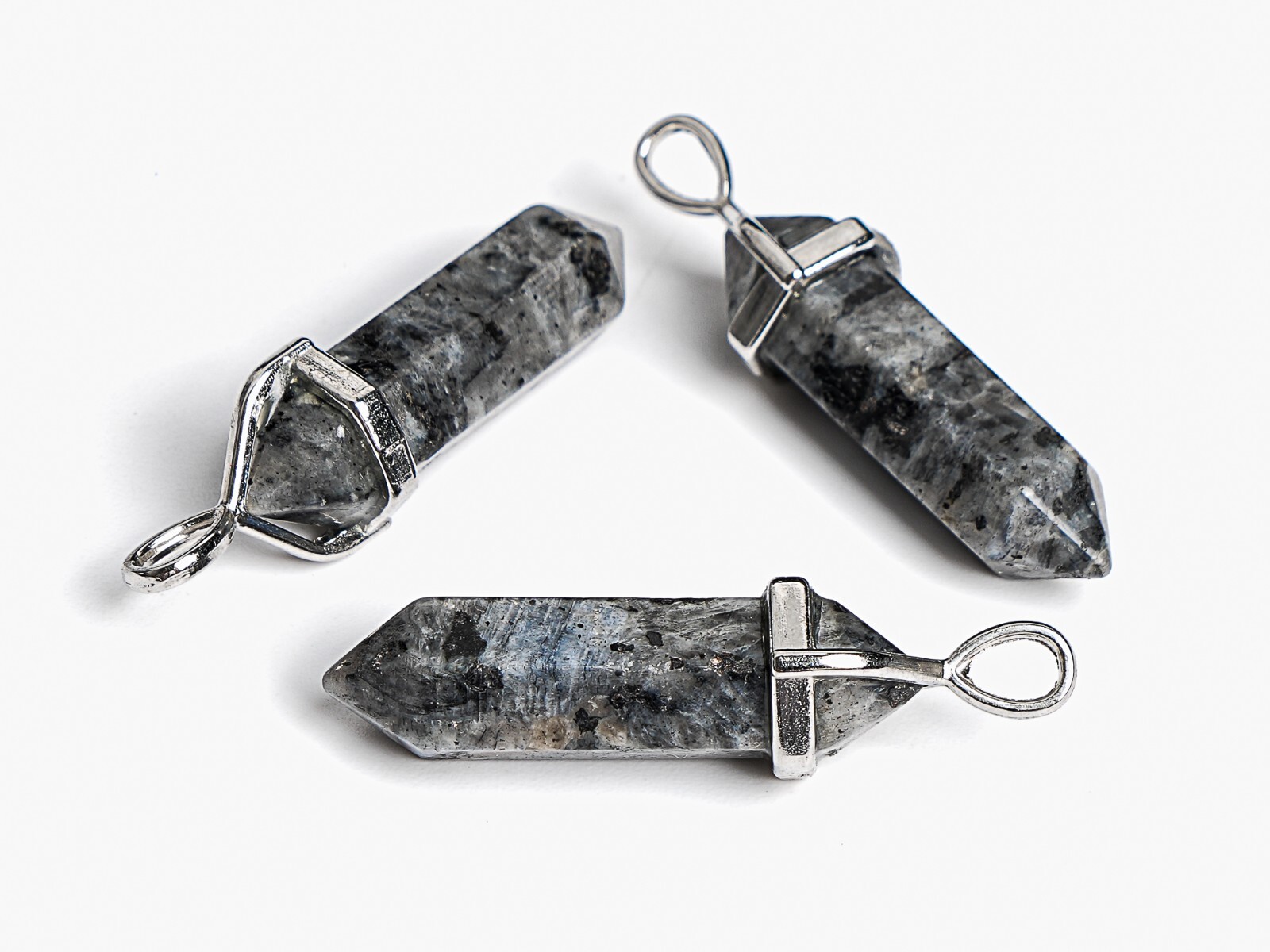 2 Pcs 33x8MM Larvikite Hexagonal Pointed Pendant Grade A Silver Plated Cap