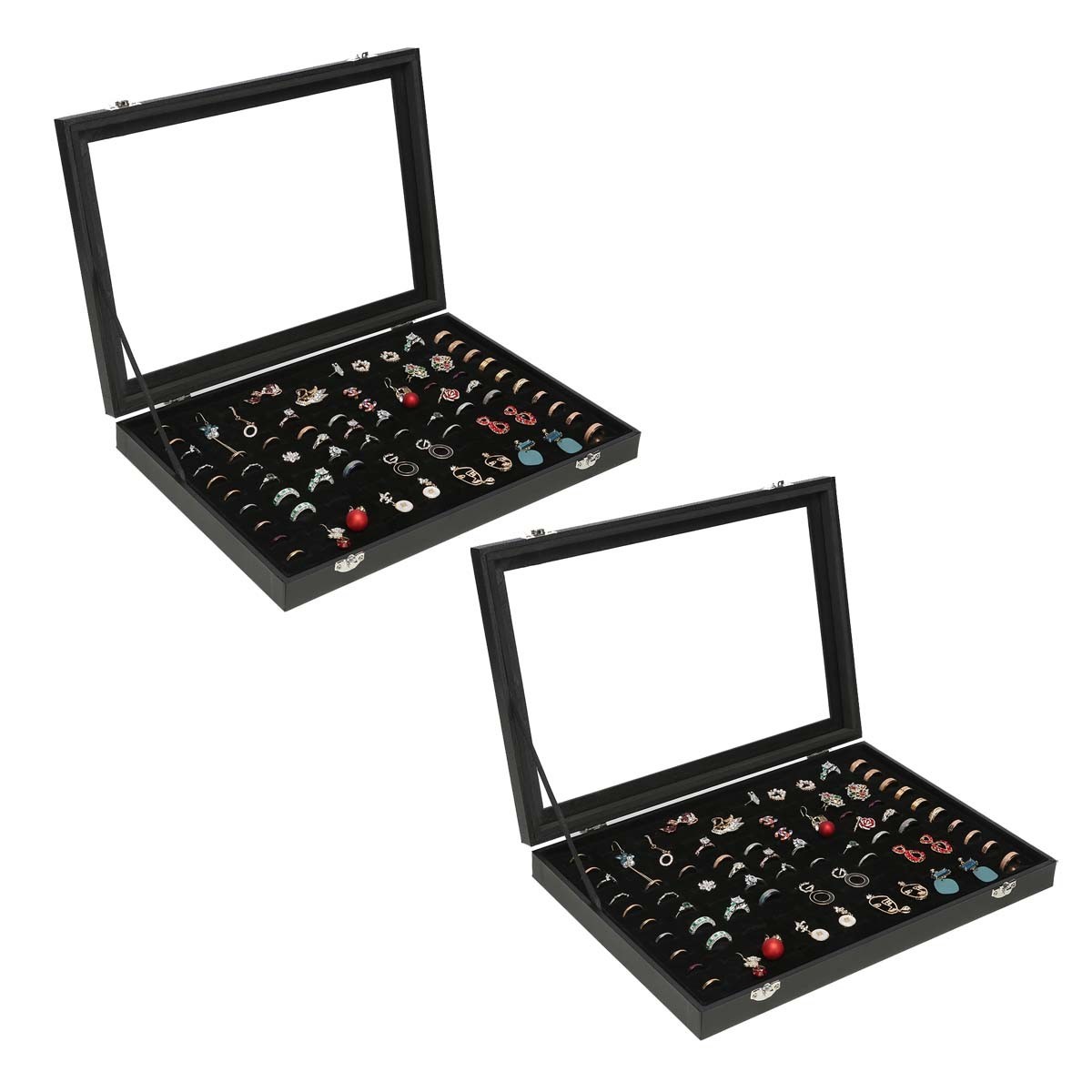 Two Black Ring Organizer Tray 100 Slots Ring Holder with Clear Lid Ring Box