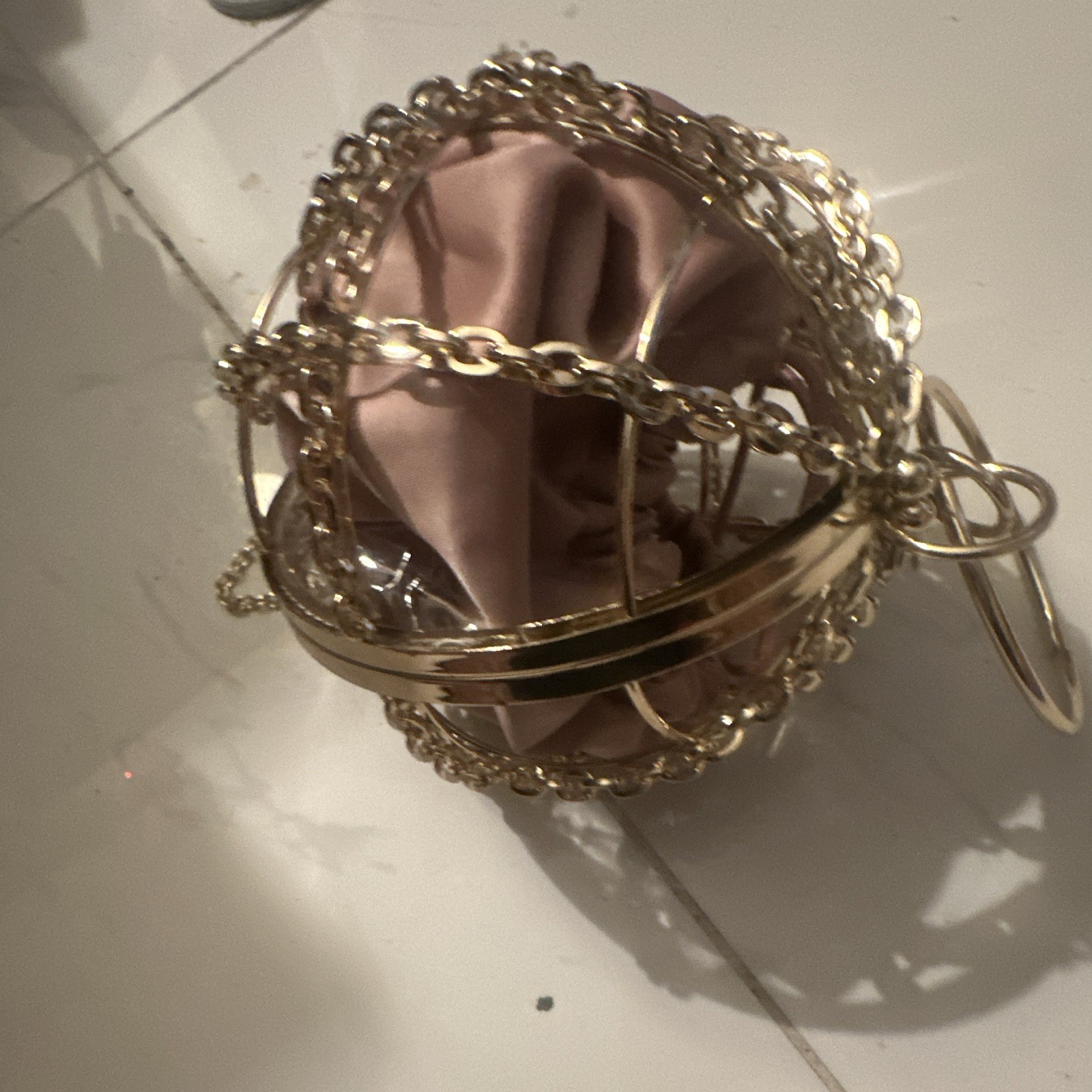 Gold Tone Cable Chain Round Cage Purse w/ Pink Satin Pouch