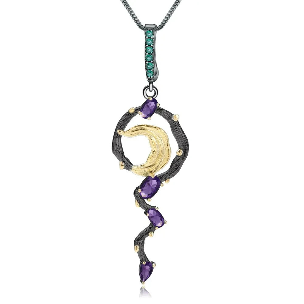 Natural Amethyst 1.18ct Handmade 925 Sterling Silver Moon Pendant Necklace Desig