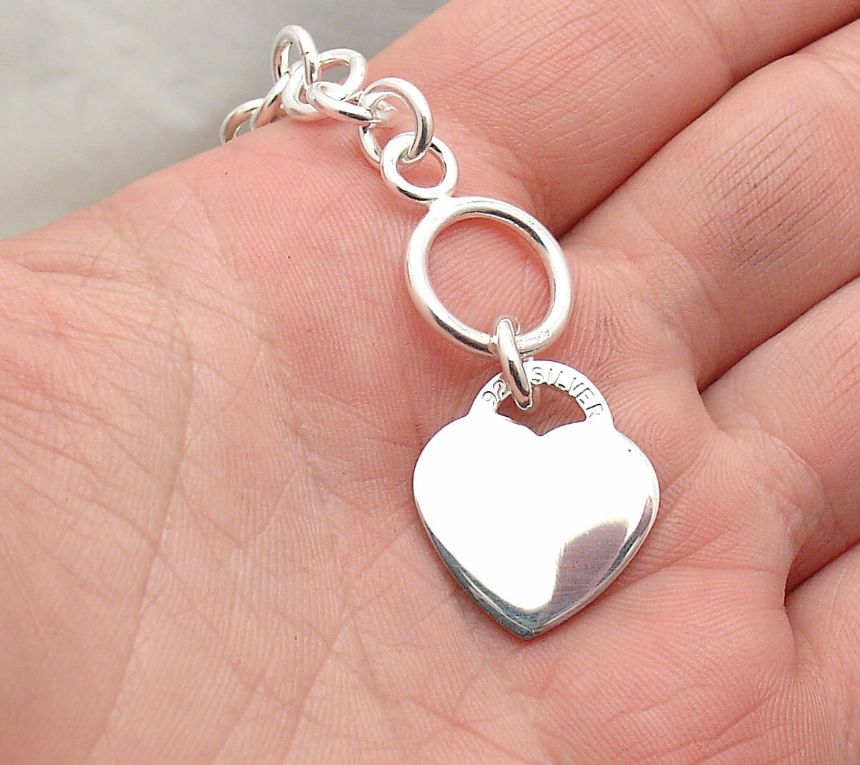 Solid Engravable Heart Tag Bracelet with Toggle Clasp Real 925 Sterling Silver